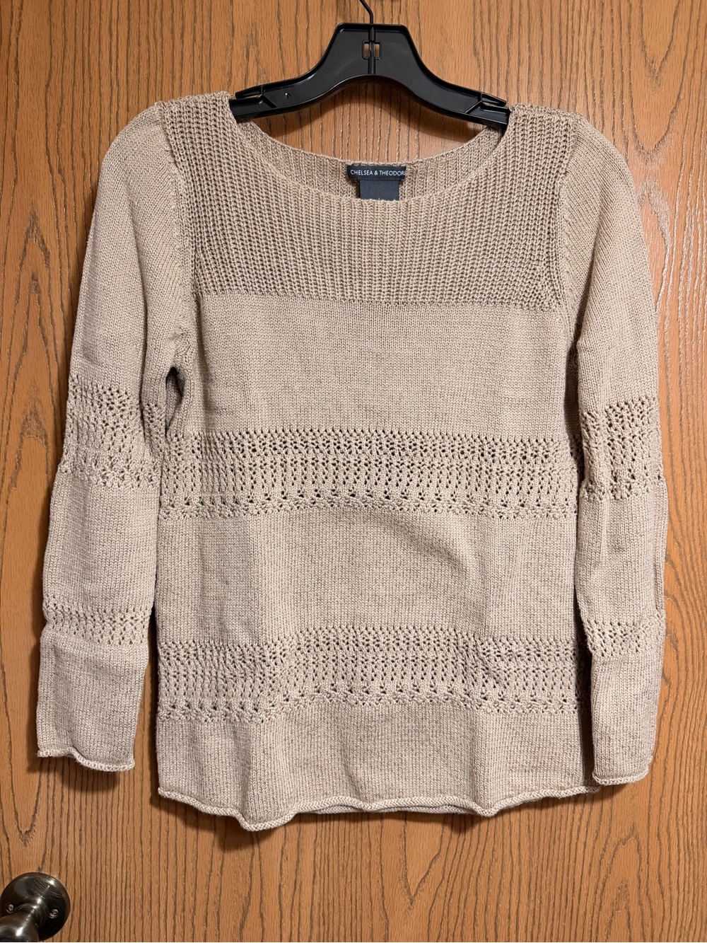 EUC Chelsea & Theodore Beige Openwork Scoop Neck Knit Sweater